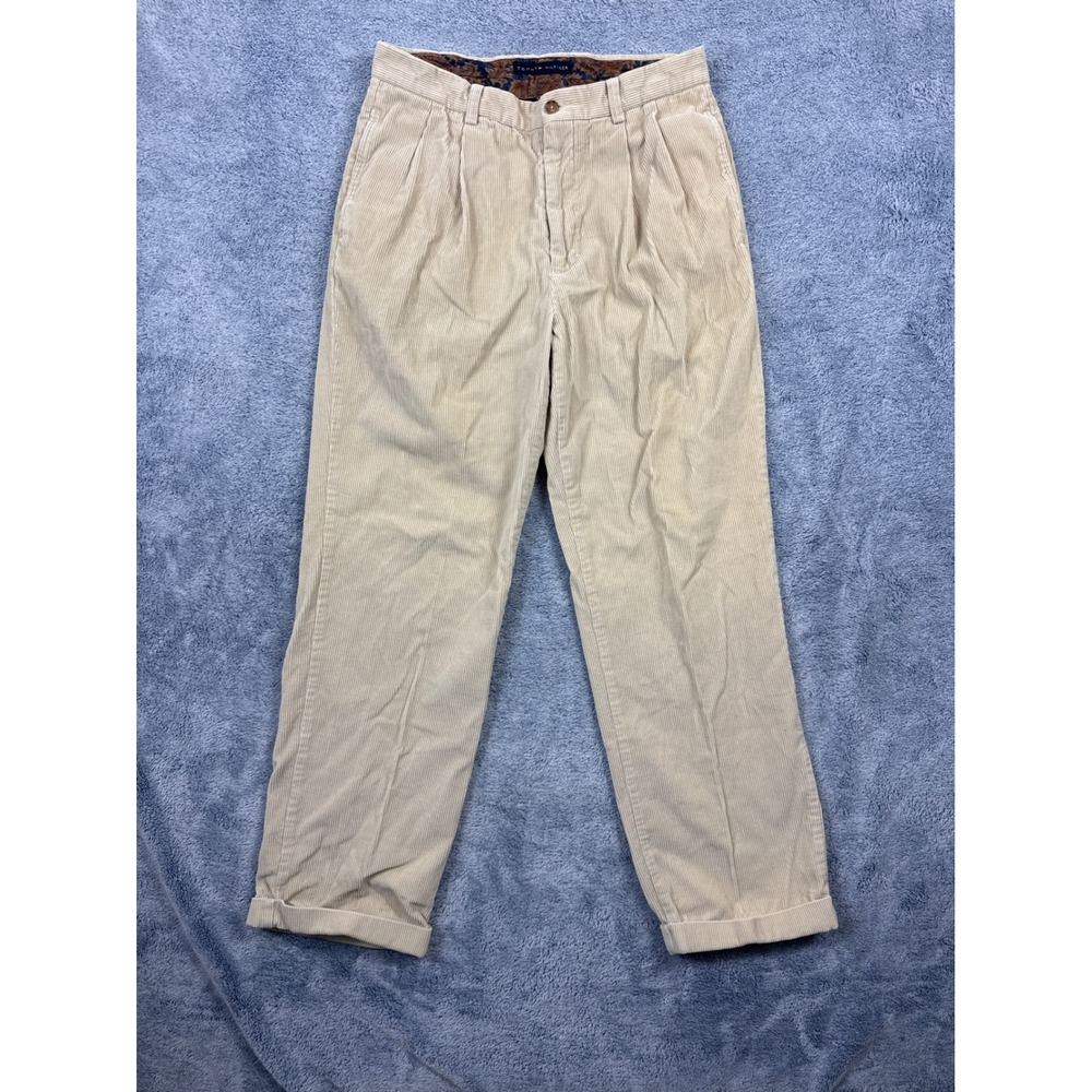 Tommy Hilfiger Mens 33x32 Beige Corduroy Pleated Cuffed Pants Chino Trousers